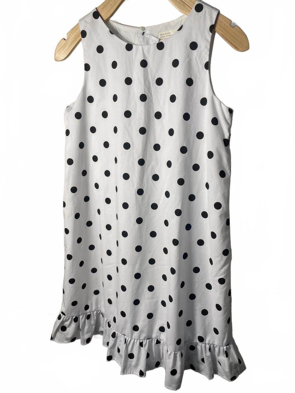 Zara Girls White Black Polka Dot Sleeveless Ruffle Dress Size 11/12 Casual Fun